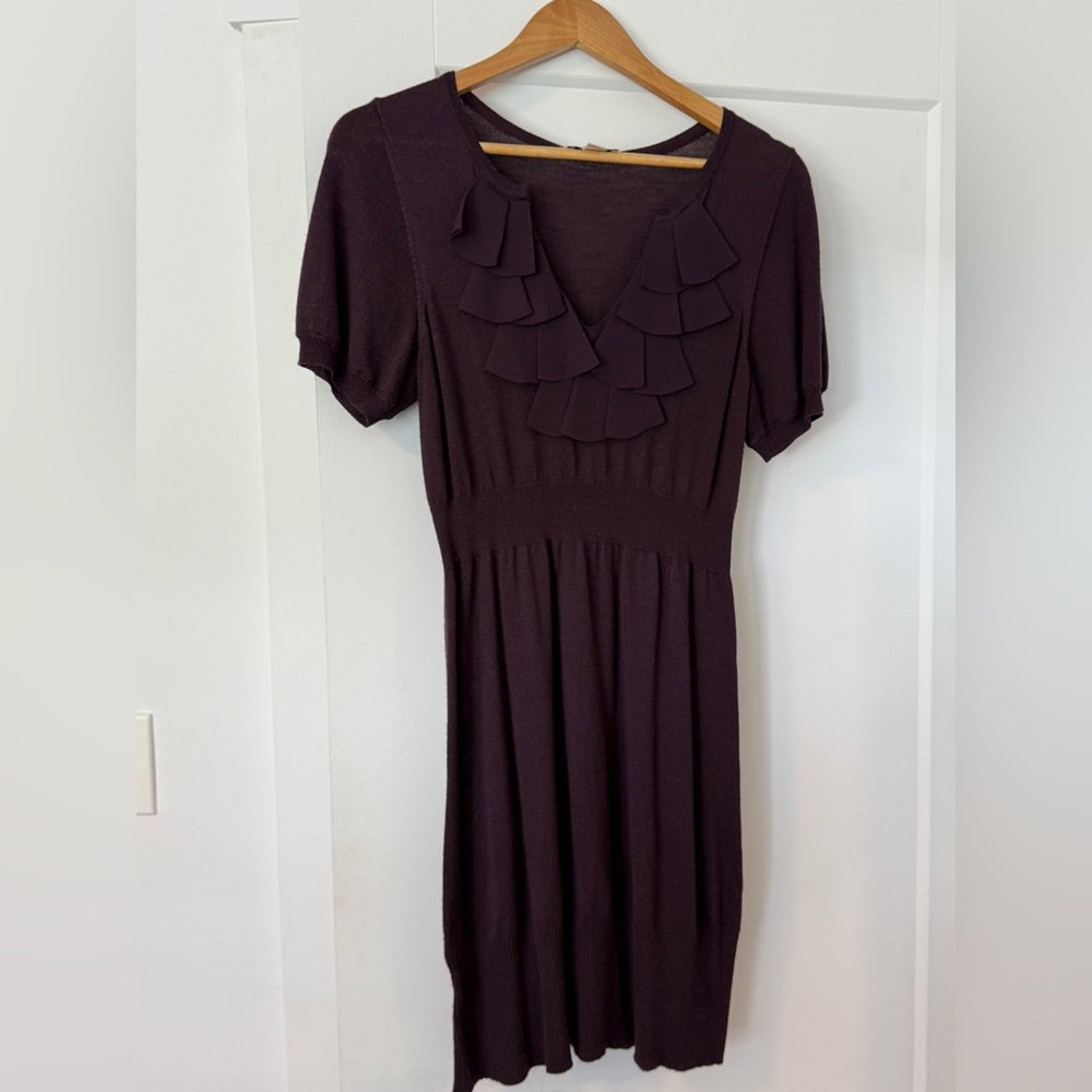 LOFT Plum Ruffled Puff Sleeve Sweater Dress
